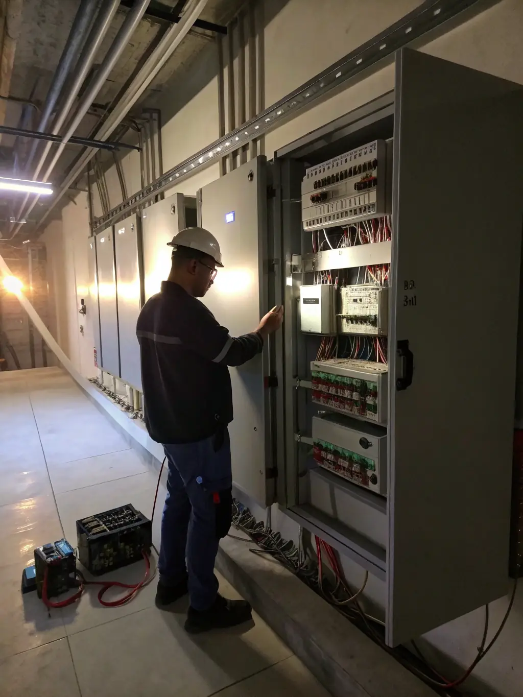 A technician from Bright Line Electric repairing a complex electrical panel in a commercial building, emphasizing their repair service.