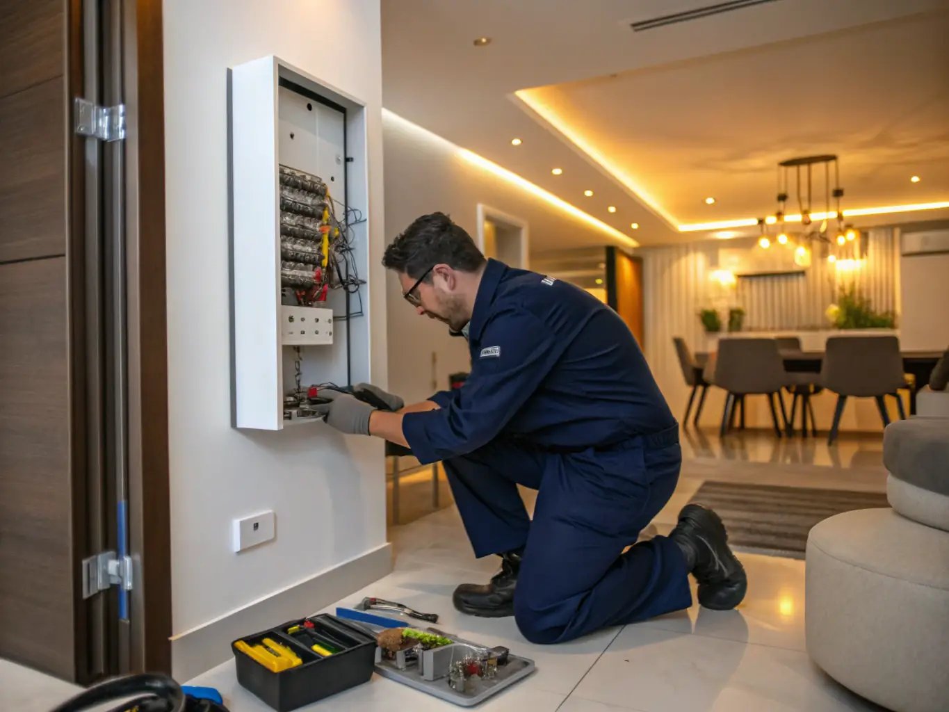 A technician upgrading an electrical panel in a commercial setting, with modern equipment and safety gear.