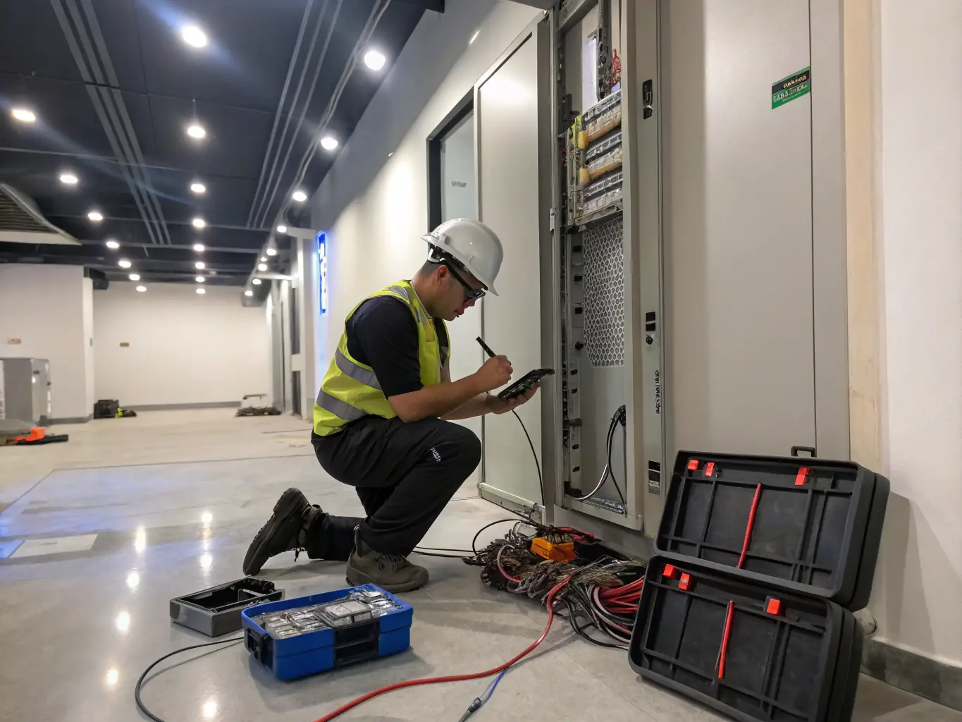 An electrician repairing wiring in a commercial building, using safety equipment and tools.