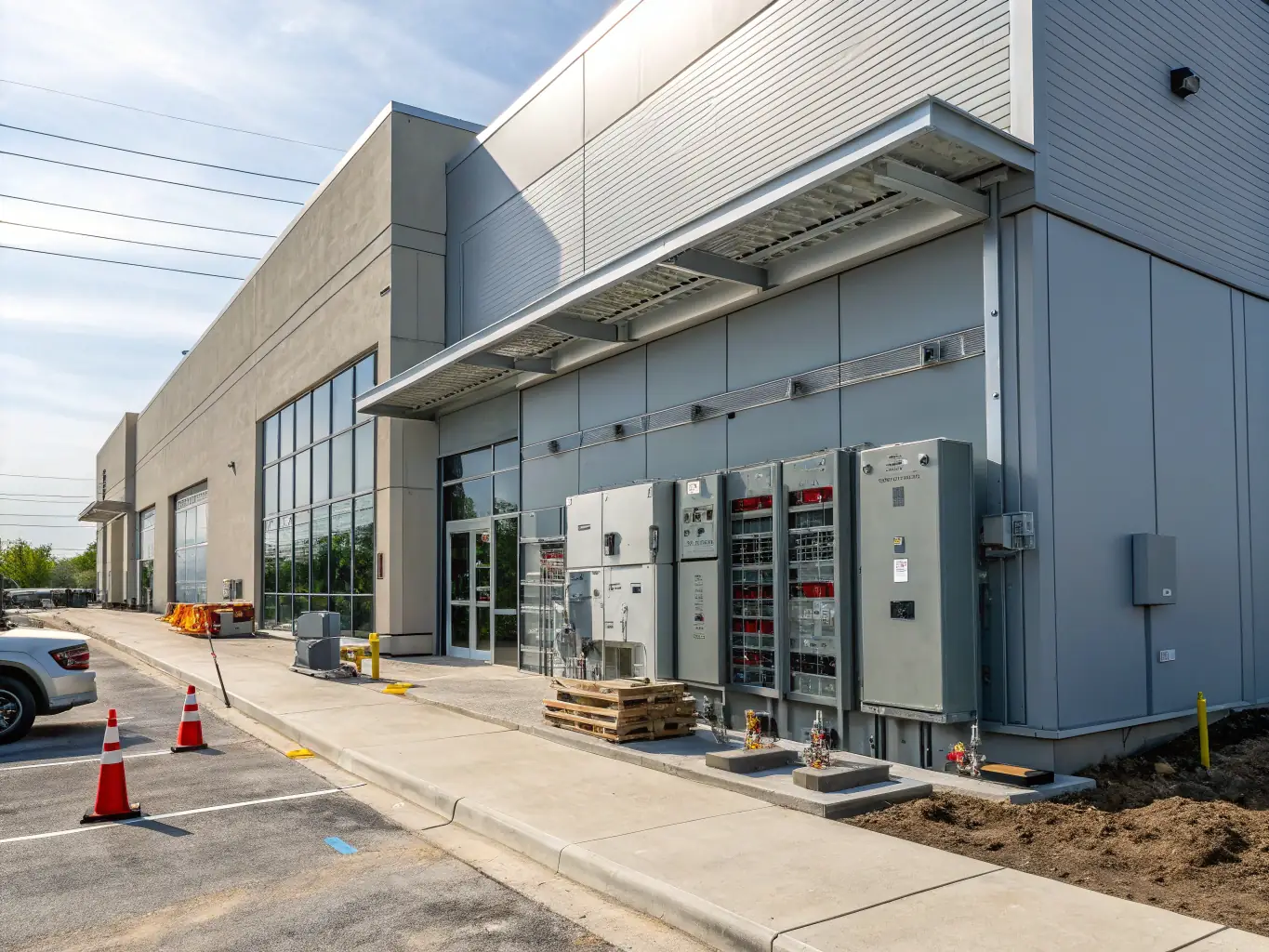A modern office building with visible electrical conduits and panels, showcasing a commercial electrical installation.